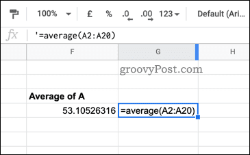 An example of a formula as a text string in Google Sheets
