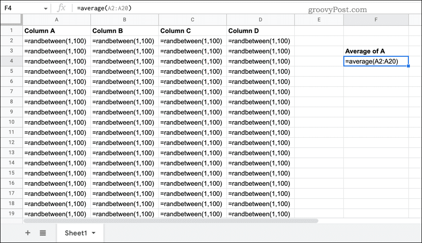 A Google Sheets spreadsheet with formulas visible