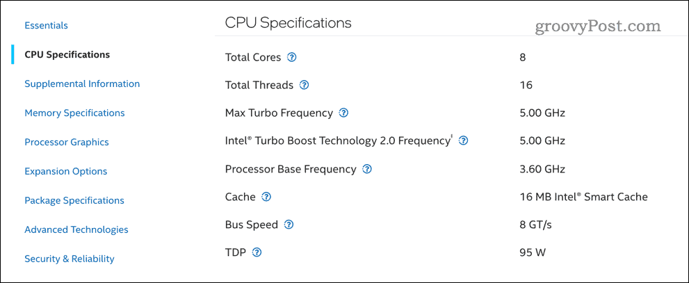 Intel CPU specs