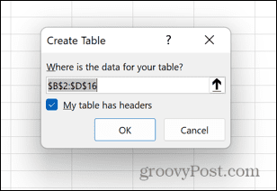 excel create table