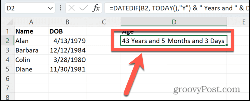excel age in years months and days