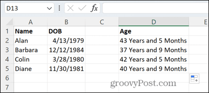 excel ages in years and months