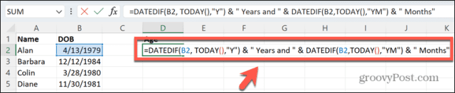 excel years and months formula