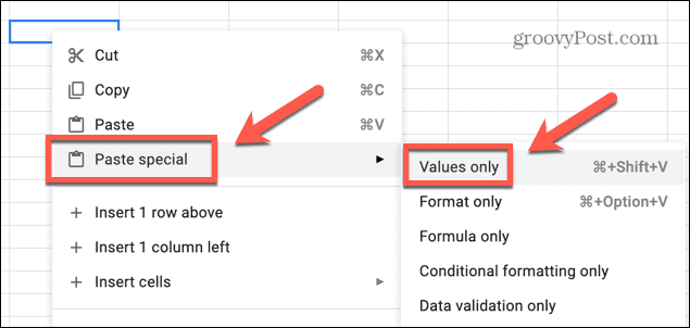 google sheets paste special values