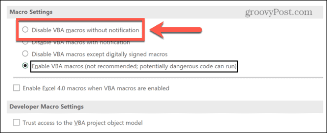 excel disable macros without notifications
