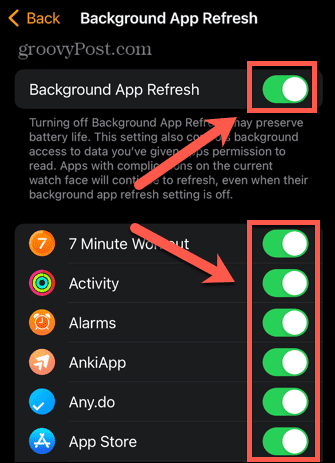 apple watch background app refresh toggle