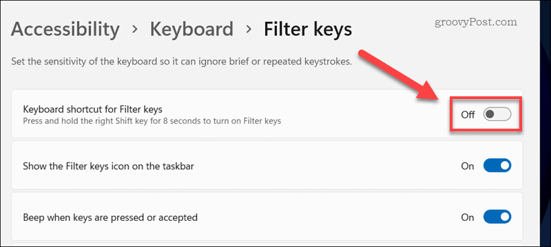 Disable the filter keys shortcut on Windows 11