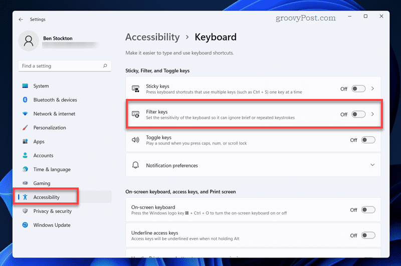 Enable or disable filter keys in Windows 11