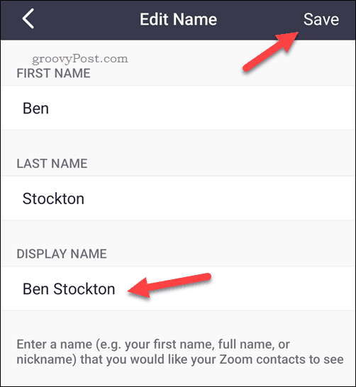 Updating your Zoom name on mobile