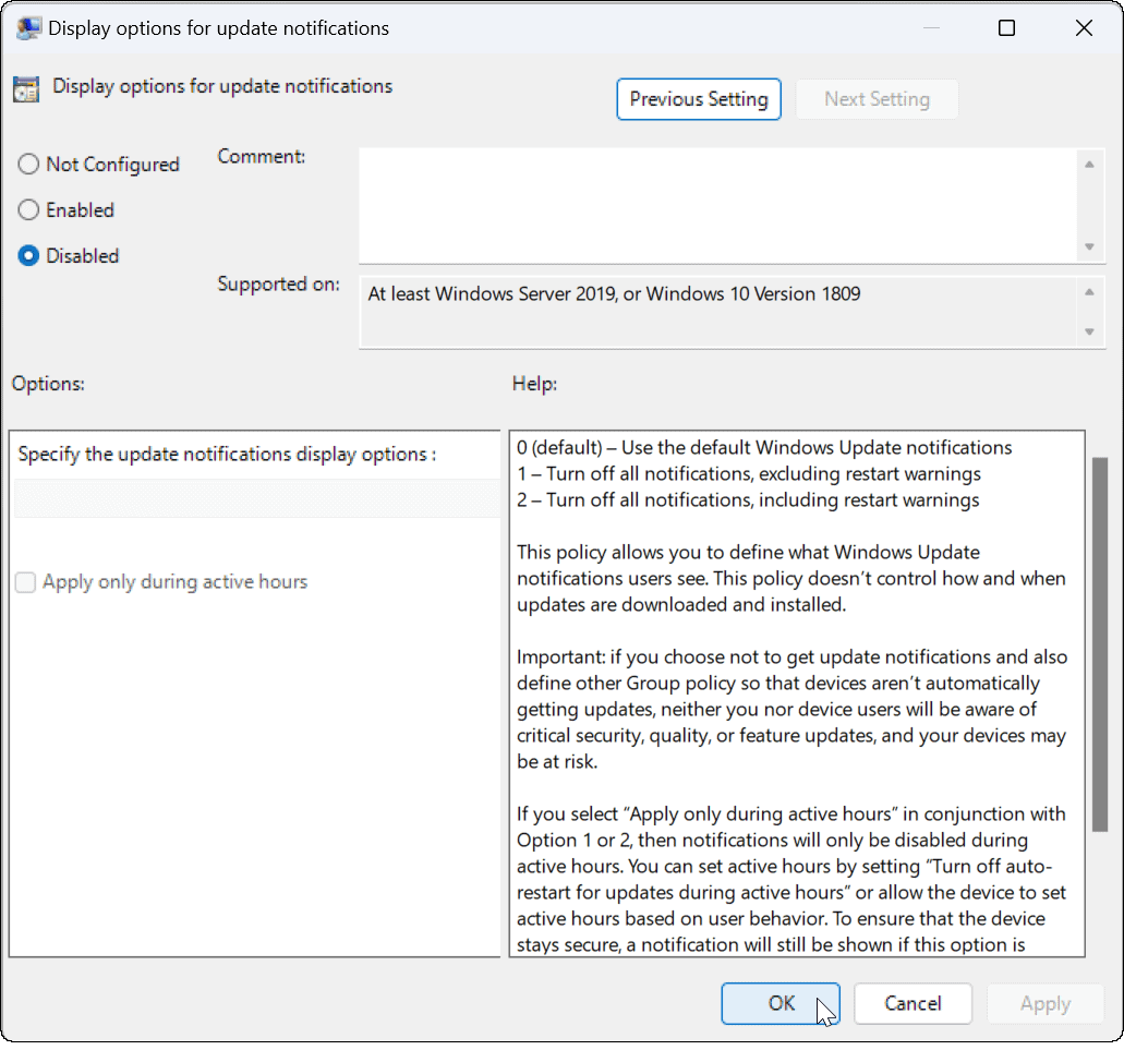 Disable Update Notifications on Windows 11