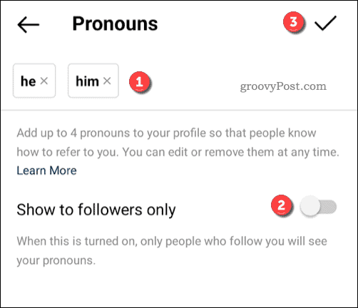 Adding pronouns to an Instagram profile