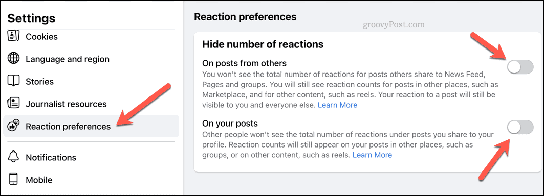 Change reaction preferences on Facebook