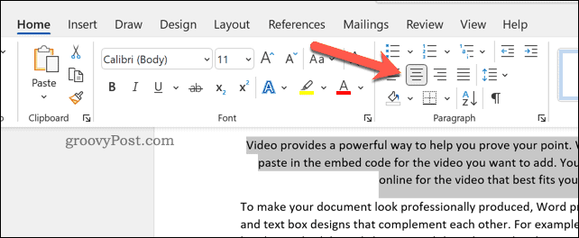 Align text to the center in Word