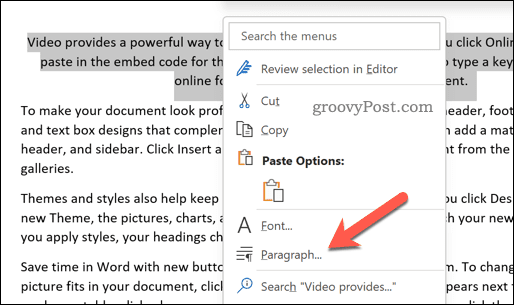 Open the Paragraph menu in Word