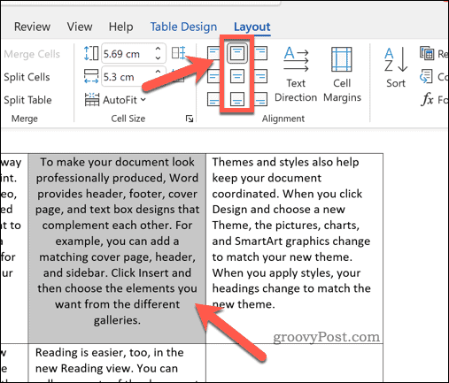 Set centered text alignment for text in a Word table