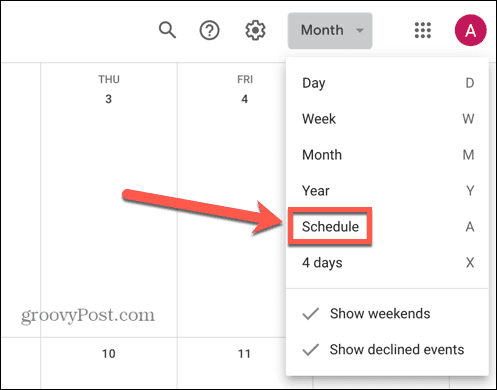 google calendar select schedule view
