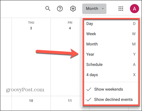 google calendar select view