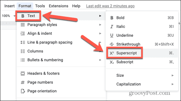 google docs format superscript