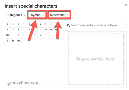 google docs symbol superscript