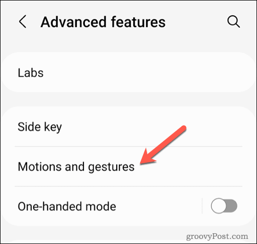Android motions and gestures menu
