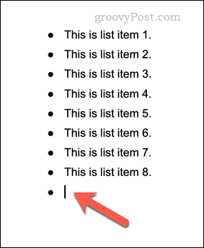 Example of a bulleted list in Google Docs