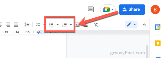 Inserting a bulleted or numbered list in Google Docs