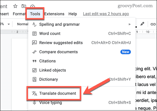Translate a document in Google Docs