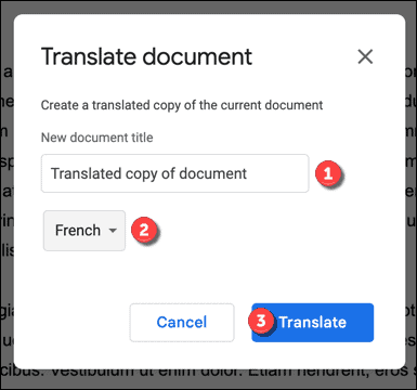 Translation options in Google Docs