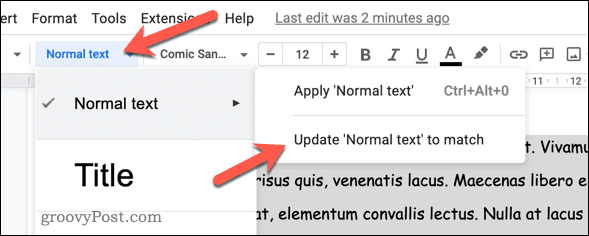 Updating font styles in Google Docs