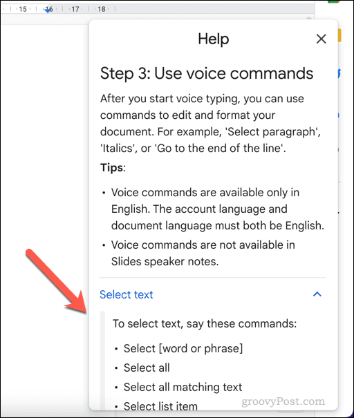 Help menu for voice typing in Google Docs