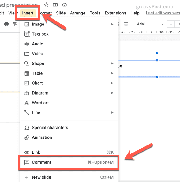 Inserting a comment in Google Slides