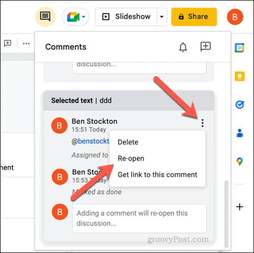 Reopening a closed comment in Google Slides
