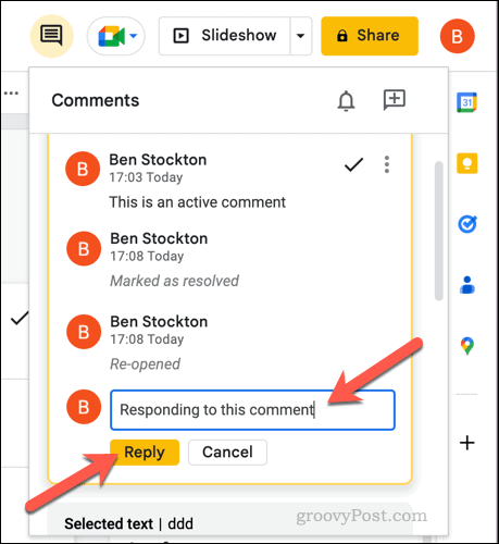 Responding to a comment in Google Slides