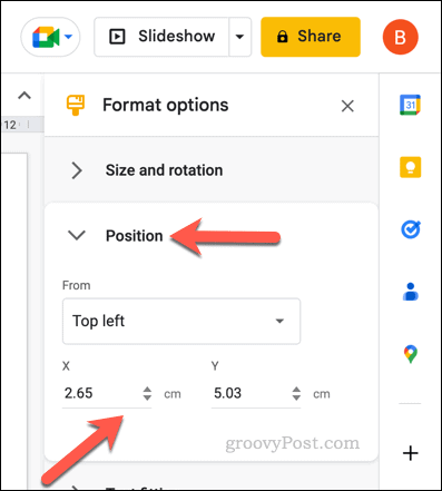 Change position options for a Google Slides table