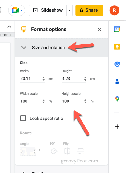 Size options for a Google Slides table