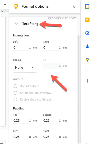 Changing text fitting options for a Google Slides table