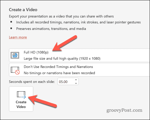 PowerPoint export as video options
