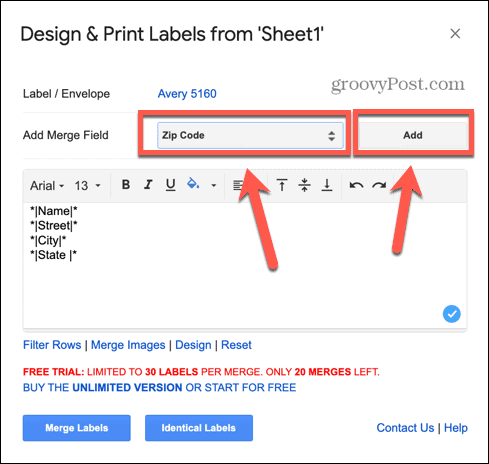 google sheets add label field