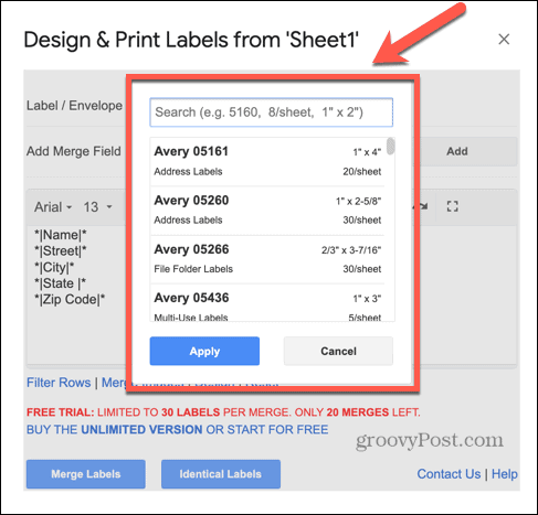 google sheets label types