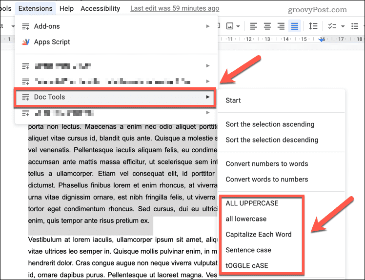 Changing text case using the Doc Tools add-on in Google Docs