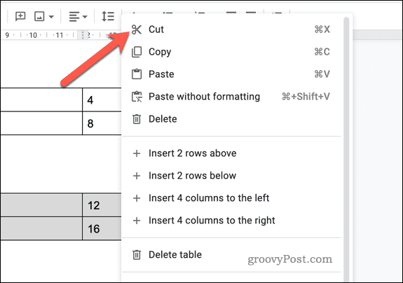 Cut table data in Google Docs