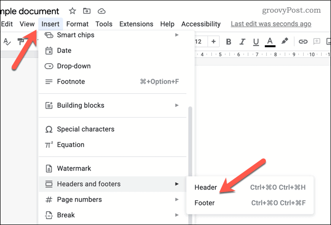 Open header and footer settings in Google Docs