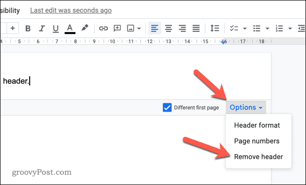 Removing a header or footer in Google Docs