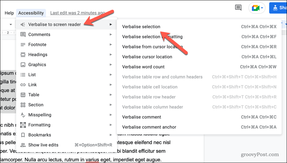 Google Docs screen reader options