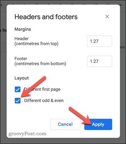 Set different even and odd headers and footers in Google Docs