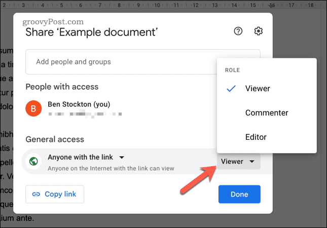 Set share link options in Google Docs