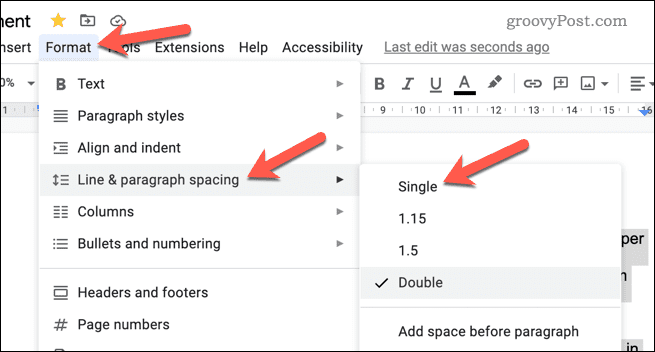 Set single line spacing in Google Docs