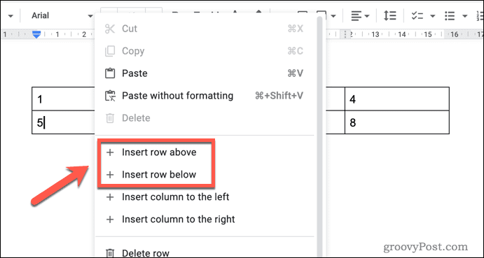 Inserting a new row in a Google Docs table