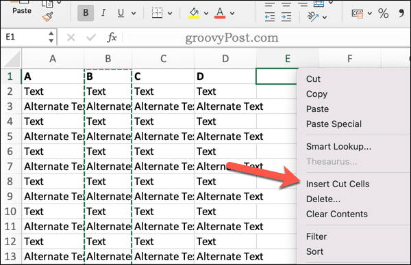 Insert cut cells into Excel