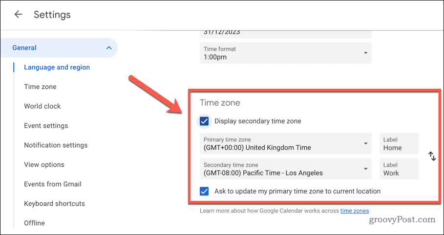 Set timezone settings in Google Calendar
